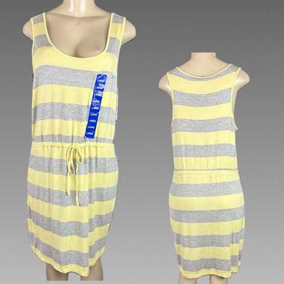 Olive & Oak L Yellow/Gray Striped Drawstring Waist Scoop Neck Short Tank Dress - Picture 1 of 6
